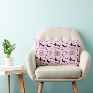 Whimsical "Run Away With Me" Halloween Witch & Bat Lumbar Pillow