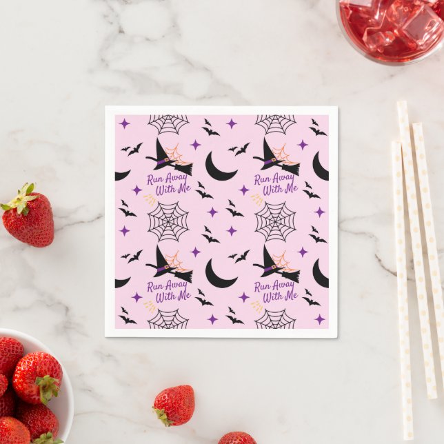 Whimsical "Run Away With Me" Halloween Witch & Bat Napkins (Insitu)