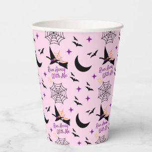 Whimsical "Run Away With Me" Halloween Witch & Bat Paper Cups