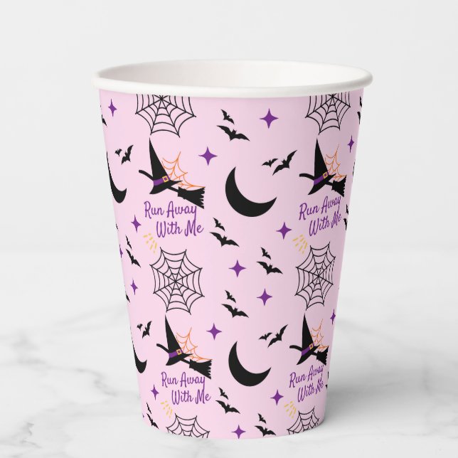 Whimsical "Run Away With Me" Halloween Witch & Bat Paper Cups (Front)