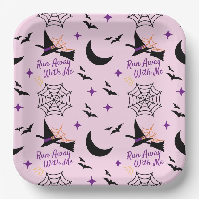 Whimsical "Run Away With Me" Halloween Witch & Bat Paper Plates (Front)