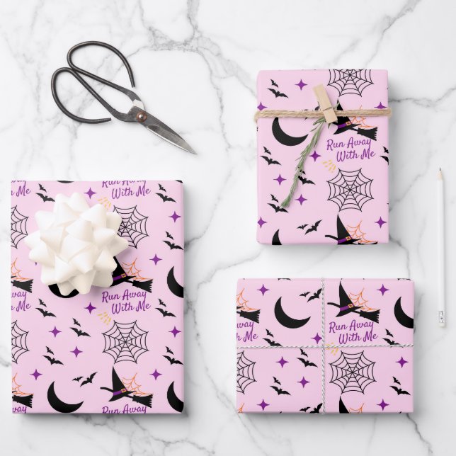 Whimsical "Run Away With Me" Halloween Witch & Bat Wrapping Paper Sheets (Front)