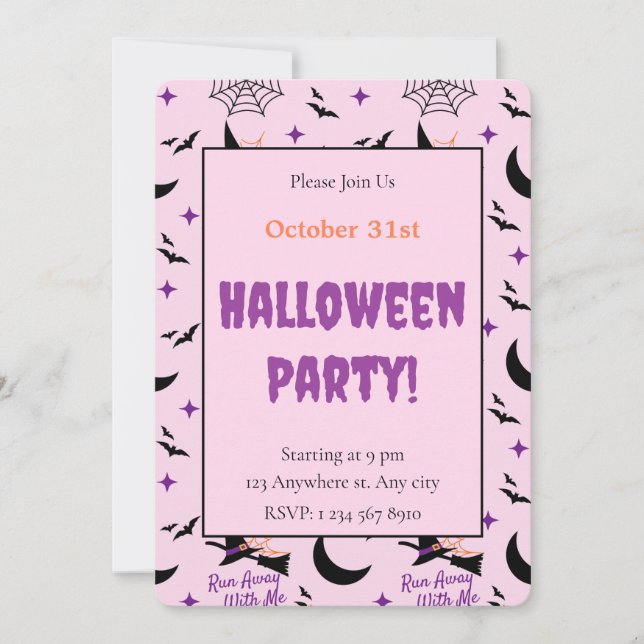 Whimsical Run Away With Me Witch & Bat Halloween  Invitation (Front)
