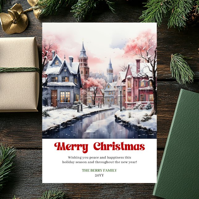 Whimsical rustic Christmas scene bright city art  Holiday Card (Whimsical rustic christmas scene bright city artwork)