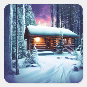 Whimsical Rustic Log Cabin In The Woods Square Sticker