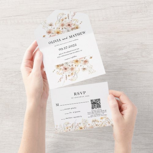 Whimsical Rustic Meadow Wildflower QR Code Wedding All In One Invitation