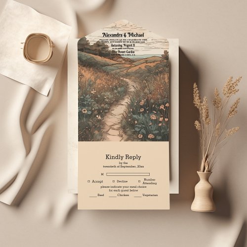 Whimsical Rustic Wildflower Meadow Wedding All In One Invitation