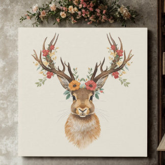 Whimsical Rustic Woodland Jackalope Floral Faux Canvas Print