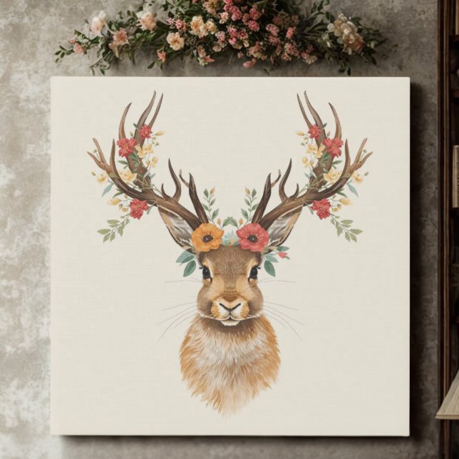 Whimsical Rustic Woodland Jackalope Floral Faux Canvas Print (Jackalope wall canvas print)