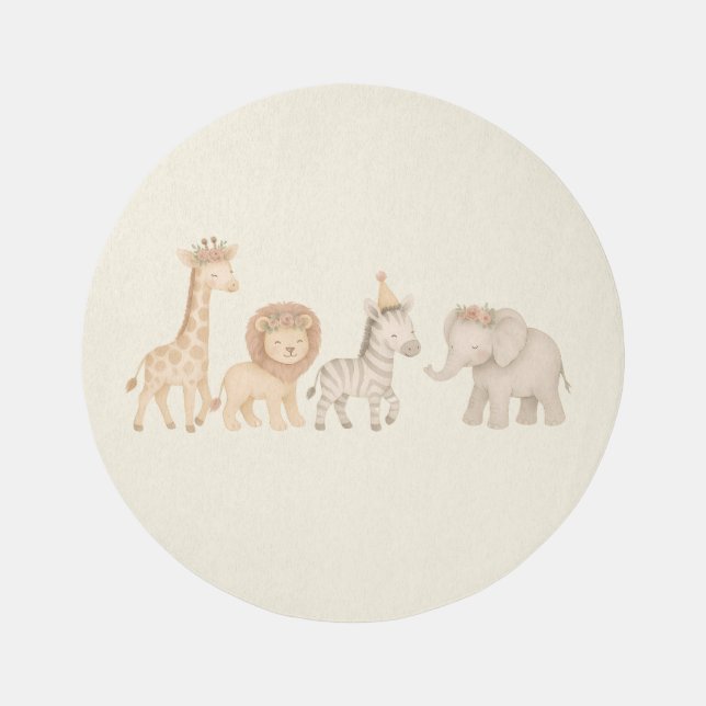 Whimsical Safari Animal Round Nursery Rug –  (Front)