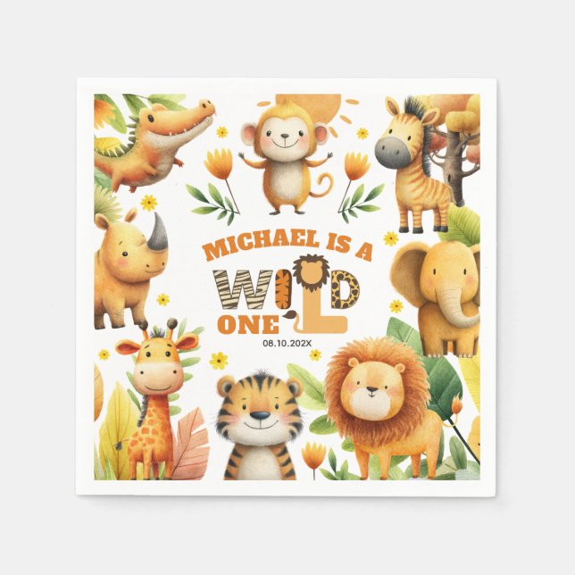 Whimsical Safari Animals WILD ONE 1st Birthday  Napkins (Front)