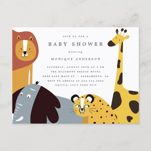 Whimsical Safari Jungle Zoo Animals Baby Shower Invitation Postcard