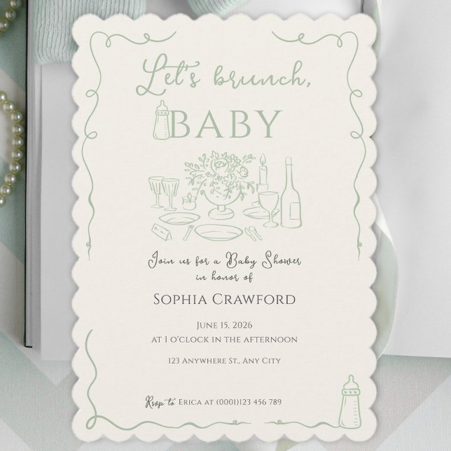 Whimsical Sage Doodle Let's Brunch Baby Shower Invitation (Creator Uploaded)