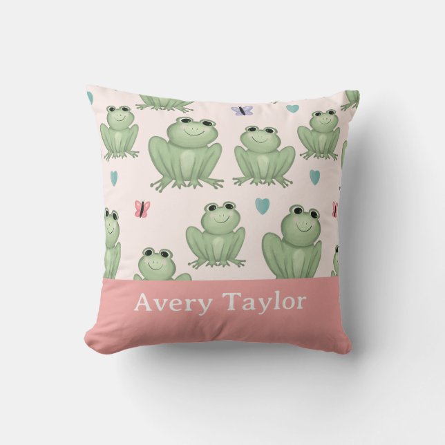 Whimsical Sage Frog Gender Neutral Nursery Name Throw Pillow (Front)