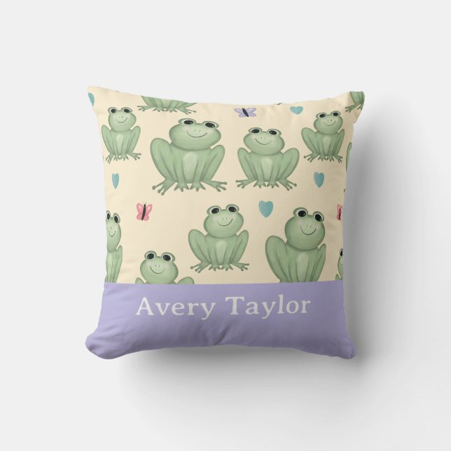 Whimsical Sage Frog Gender Neutral Nursery Name Throw Pillow (Front)