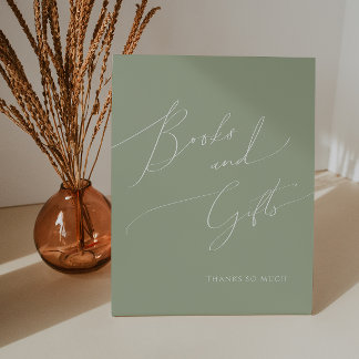 Whimsical Sage Green Baby Shower Books and Gifts Pedestal Sign