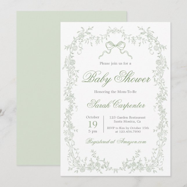 Whimsical Sage Green Baby Shower Invitation (Front/Back)