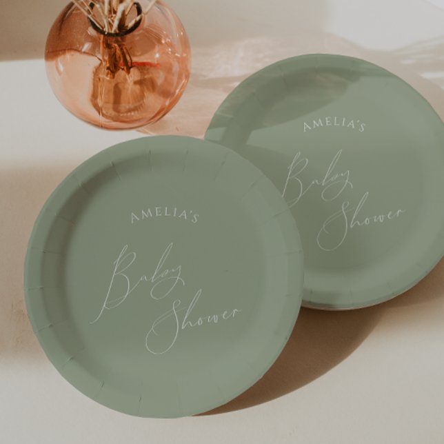 Whimsical Sage Green Baby Shower Paper Plates (Creator Uploaded)