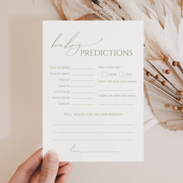 Whimsical Sage Green Baby Shower Predictions Card (Creator Uploaded)
