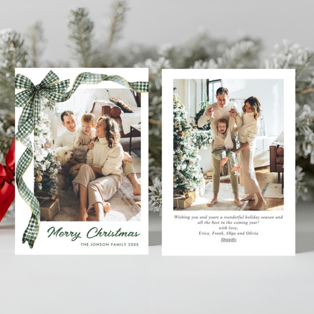 Whimsical Sage Green Christmas Bow Ribbon 2 Photo Holiday Card (Creator Uploaded)