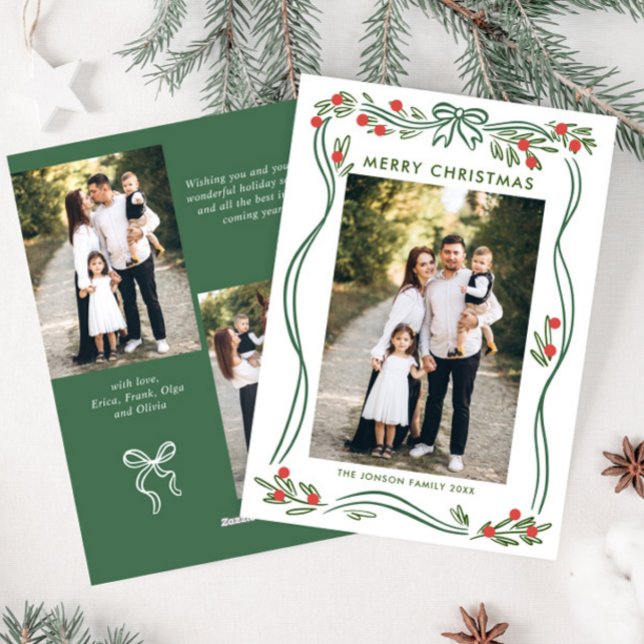 Whimsical Sage Green Christmas Bow Ribbon 3 Photo Holiday Card (Creator Uploaded)
