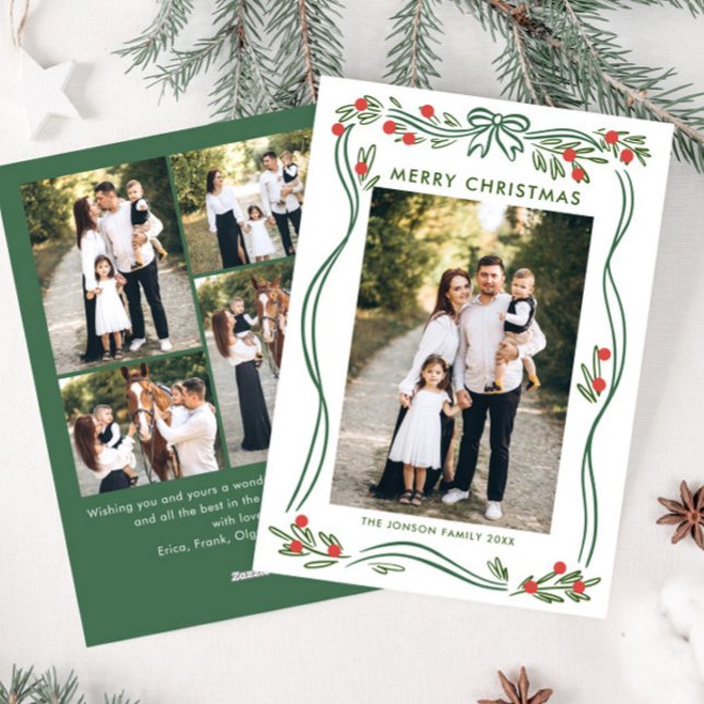 Whimsical Sage Green Christmas Bow Ribbon 5 Photo Holiday Card (Creator Uploaded)