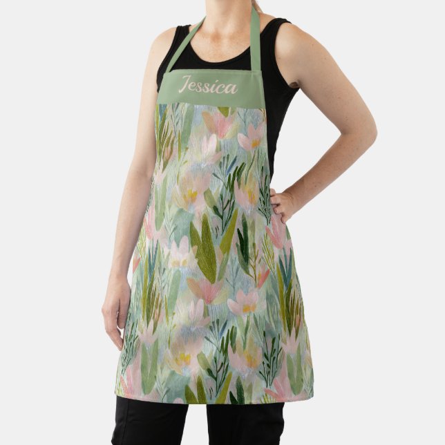 Whimsical Sage Green Floral Personalized Apron (Insitu)
