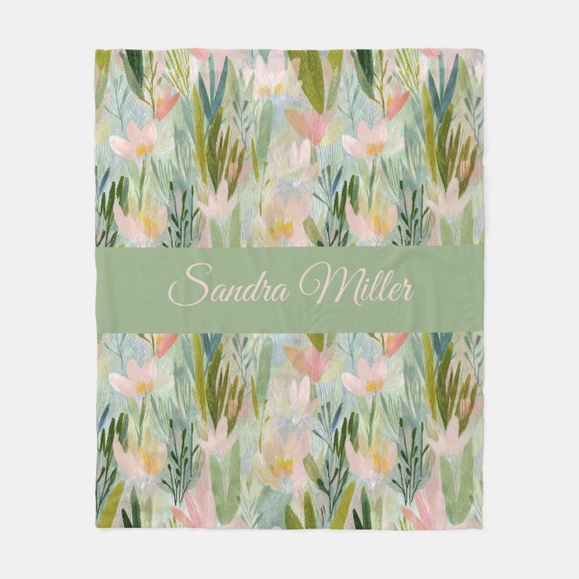 Whimsical Sage Green Floral Personalized Fleece Blanket (Front)