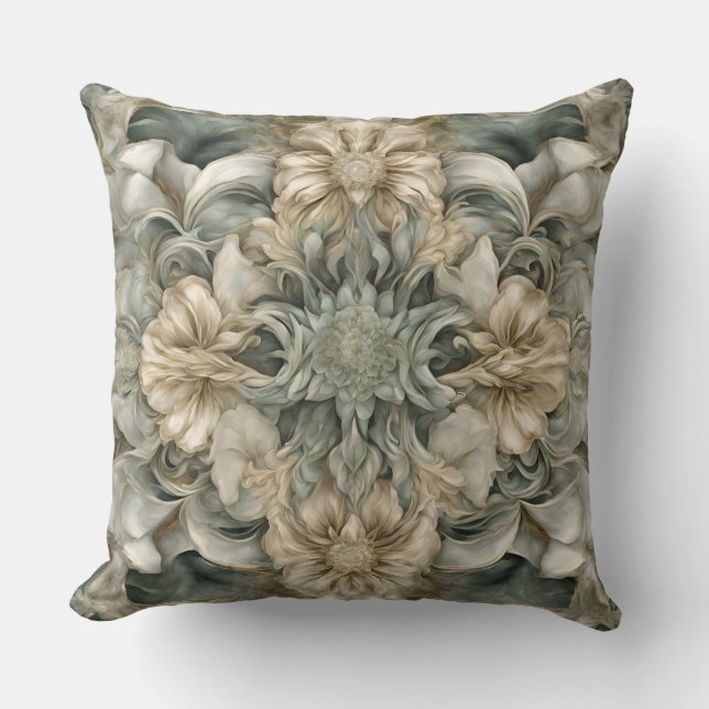 Whimsical Sage Green Floral Print Throw Pillow (Front)