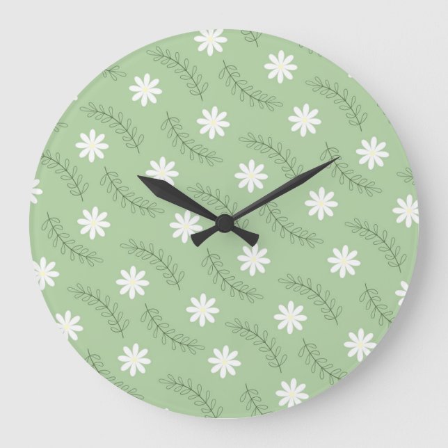 Whimsical Sage Green Floral Retro, Cheerful Large Clock (Front)