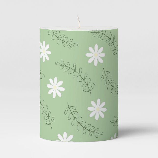 Whimsical Sage Green Floral Retro, Cheerful Pillar Candle (Front)