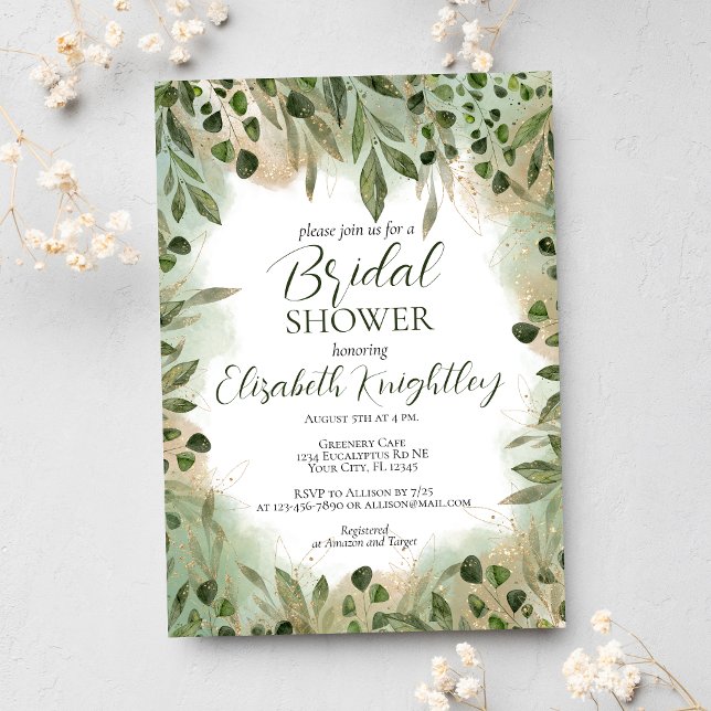Whimsical Sage Green Gold Greenery Bridal Shower Invitation (Creator Uploaded)