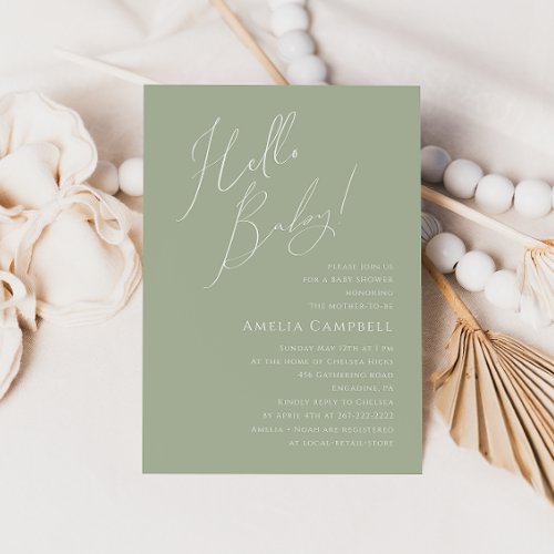 Whimsical Sage Green Hello Baby Baby Shower Invitation