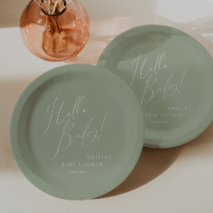 Whimsical Sage Green Hello Baby! Baby Shower Paper Plates