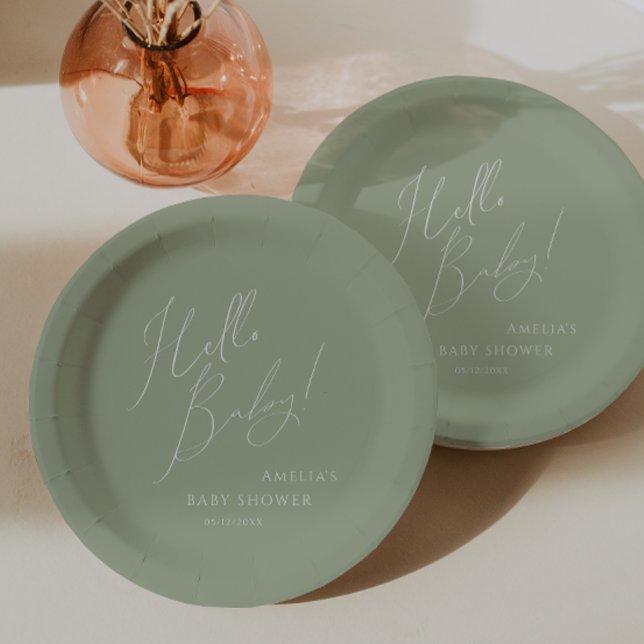 Whimsical Sage Green  Hello Baby! Baby Shower Paper Plates (Creator Uploaded)