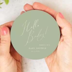 Whimsical Sage Green Hello Baby Round Paper Coaster