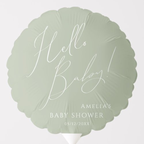 Whimsical Sage Green Hello Baby Shower Balloon