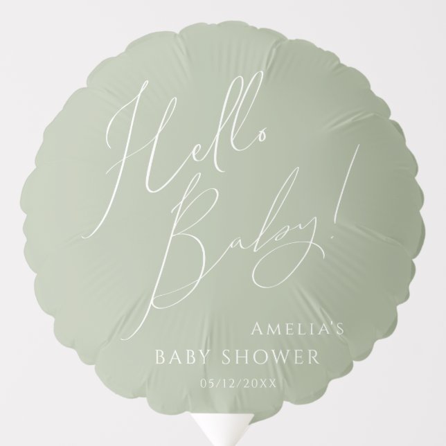 Whimsical Sage Green Hello Baby Shower Balloon (Front)