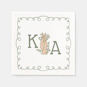 Whimsical Sage Green Initial Trendy Hand Drawn Napkins