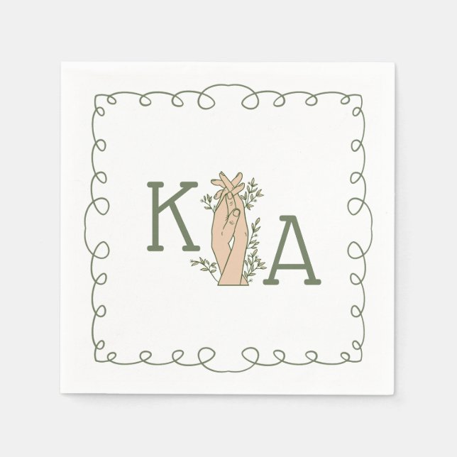 Whimsical Sage Green Initial Trendy Hand Drawn Napkins (Front)