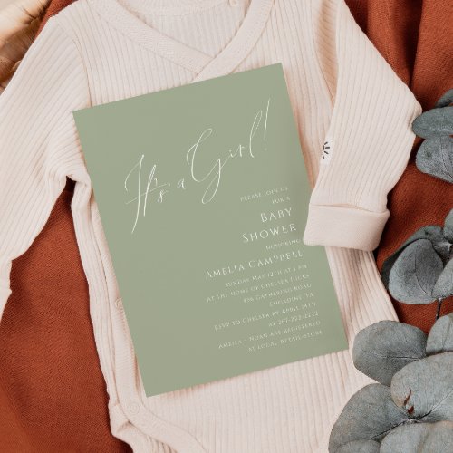 Whimsical Sage Green Its a Girl Baby Shower  Invitation