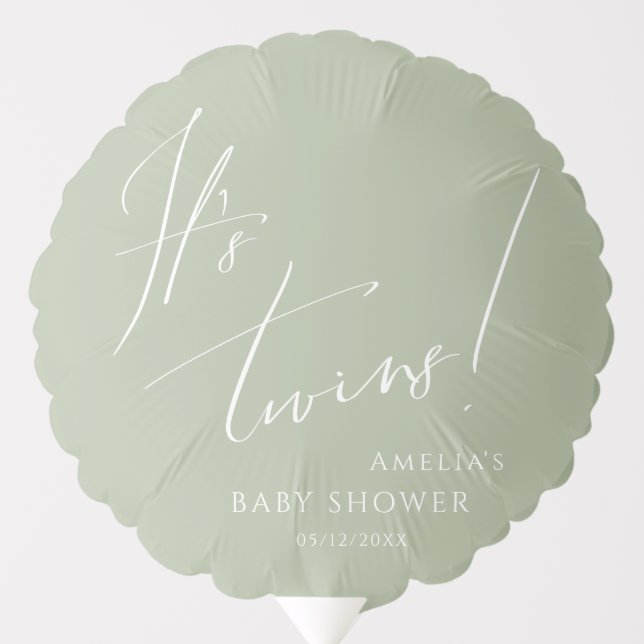 Whimsical Sage Green It's Twins Baby Shower Balloon (Front)