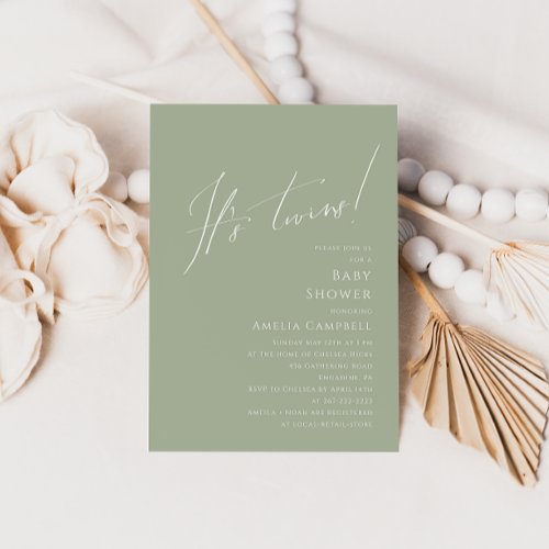 Whimsical Sage Green Its Twins Baby Shower Invitation