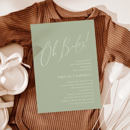 Whimsical Sage Green Oh Baby Baby Shower  Invitation