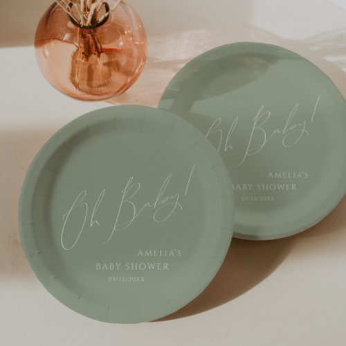 Whimsical Sage Green Oh Baby Baby Shower Paper Plates