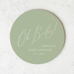 Whimsical Sage Green Oh Baby Round Paper Coaster