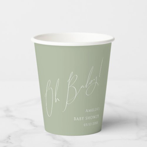 Whimsical Sage Green Oh Baby Shower Paper Cups