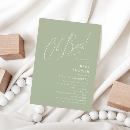 Whimsical Sage Green Oh Boy Baby Shower Invitation