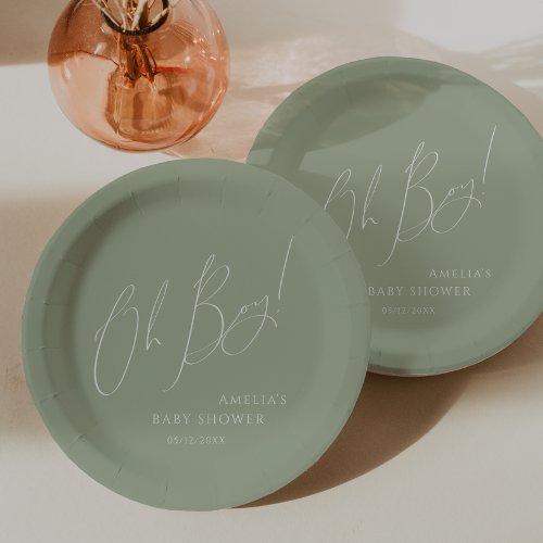 Whimsical Sage Green Oh Boy Baby Shower Paper Plates