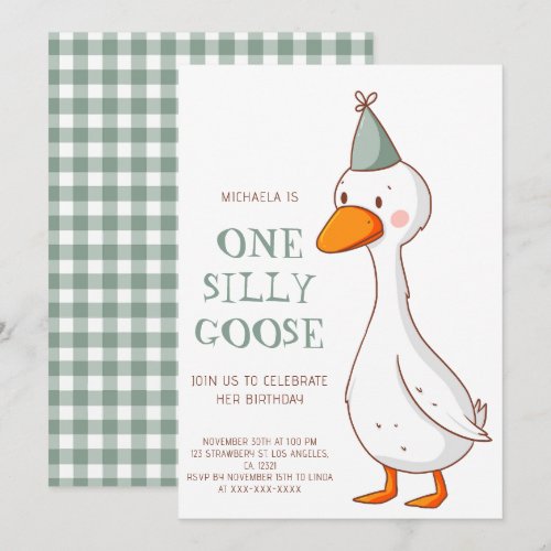 Whimsical Sage Green One Silly Goose 1st Birthday Invitation